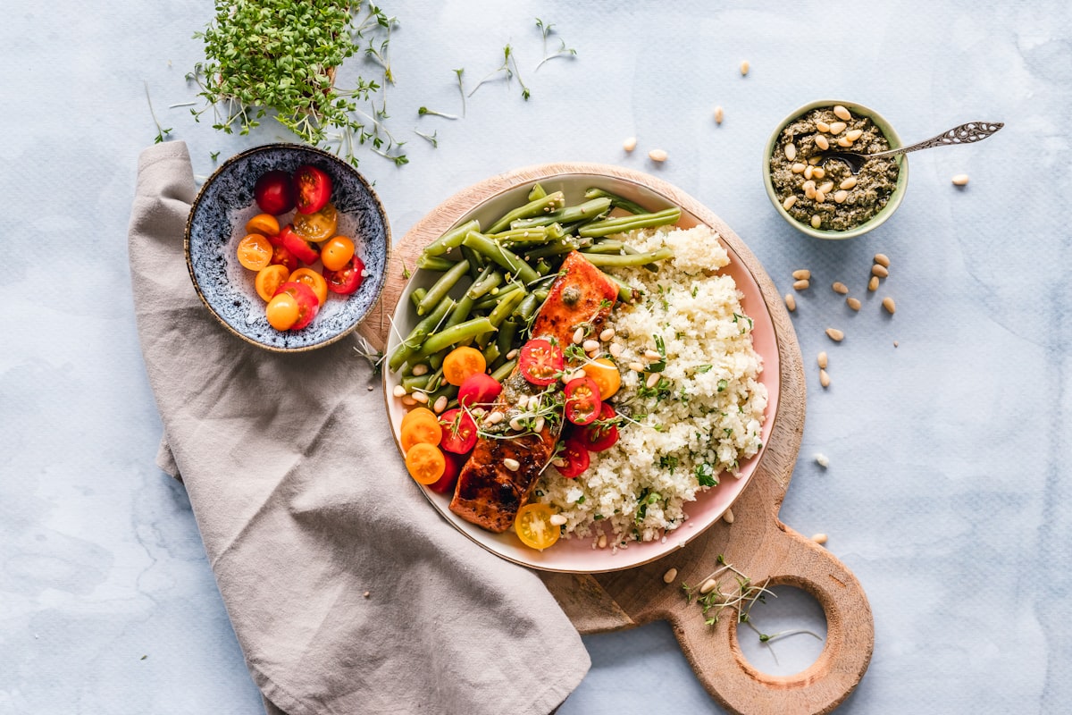 Healthy meal preparation with fresh vegetables and whole grains